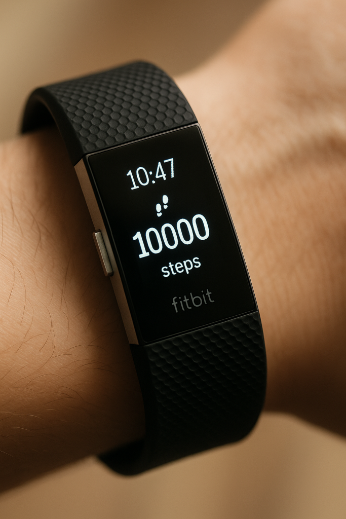 First-gen Fitbit Charge 2 showing 10,000 steps milestone