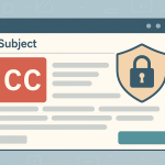 Email etiquette privacy concept showing CC misuse and a privacy shield icon.