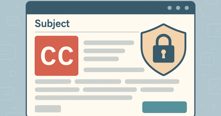 Email etiquette privacy concept showing CC misuse and a privacy shield icon.