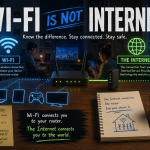 Infographic explaining the difference between Wi-Fi and the Internet in a shared student apartment.