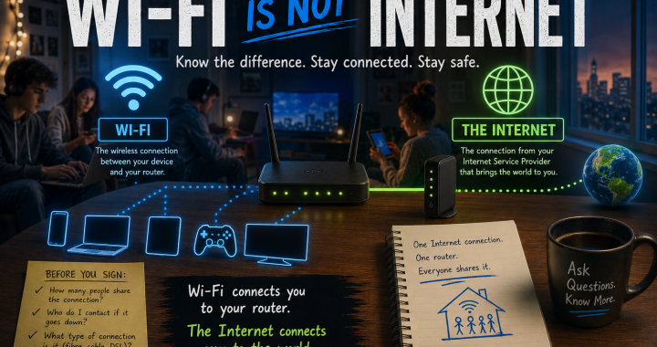 Infographic explaining the difference between Wi-Fi and the Internet in a shared student apartment.